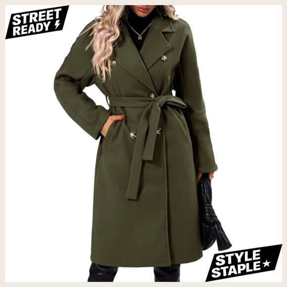 Women's Wool Pea Coat Double Breasted Belted Mid-Length Winter Overcoat - Picture 3 of 7